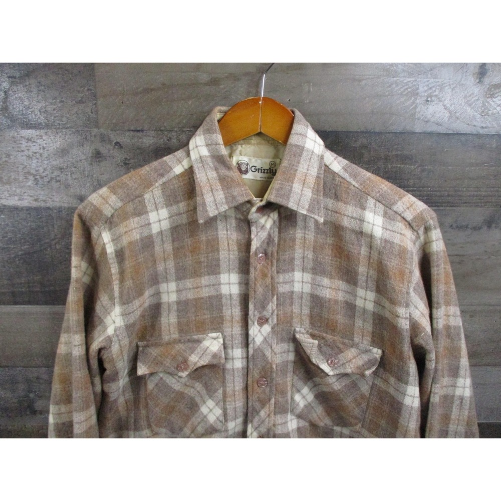 Vintage Grizzly Flannel Shirt Mens Medium Brown Plaid Wool Blend Made Korea 90s